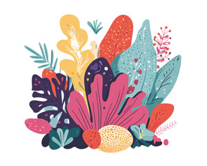 Naklejka premium Colorful floral arrangement with various shapes and textures on a white background.