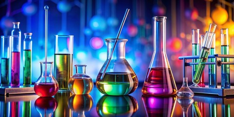 Captivating Chemical Experiment with Colorful Reactions in a Laboratory Setting Featuring Colorful Solutions, Glassware, and Engaging Visuals