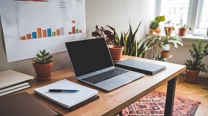 Fototapeta premium A sturdy wooden desk is adorned with a laptop and various notebooks on it