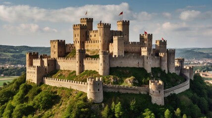 Here's a possible  and keyword list for the image.. Majestic medieval castle perched atop a hill, overlooking a valley.