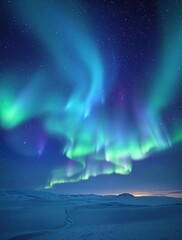 A beautiful aurora borealis display in the polar night sky with green and blue lights , atmosphere, aurora borealis, northern lights, celestial phenomenon