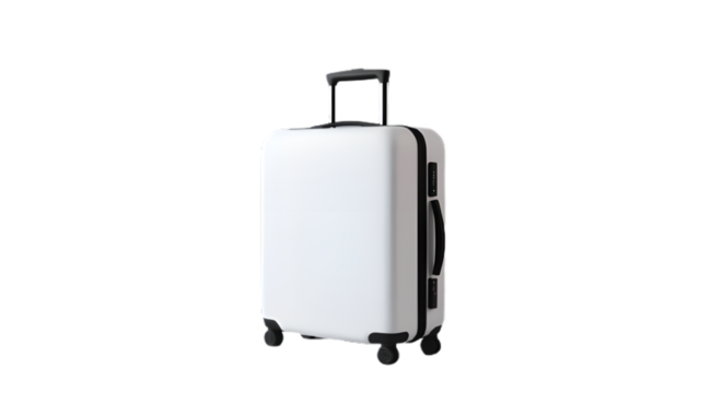 White suitcase with black handle, isolated on a transparent background.