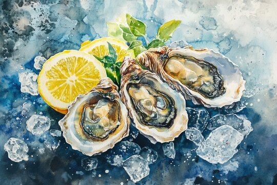 Delicious Fresh Oyster on Ice. Watercolor Illustration of Seafood Delicacy