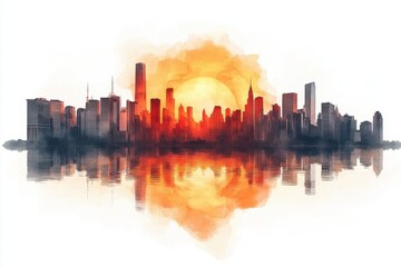 Fototapeta premium Urban aerial view digital art of sunset skyline reflections