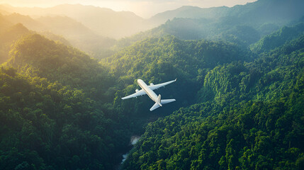 Aerial view of an airplane flying over lush green mountains, showcasing the beauty of nature and...