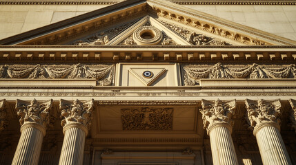 A majestic Masonic temple facade, with detailed carvings of the square and compass, pillars, and the all-seeing eye at its peak