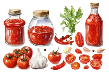 Hand Drawn Tomato Sauce Set with Fresh Ingredients on White Background