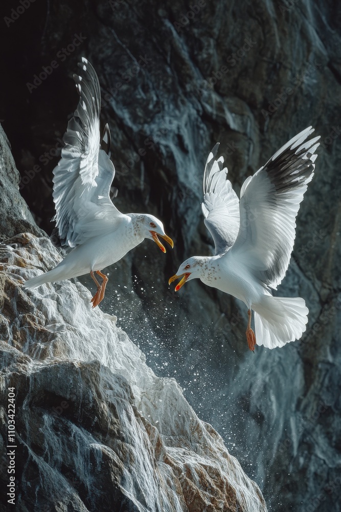 Poster two seagulls engaging in a dynamic display near a rocky shoreline, sunlight illuminating their feath