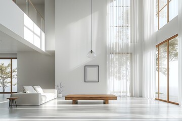 Fototapeta premium A living room photo of a spacious living room with a Scandinavian interior and a japandi interior combination. Generative AI 