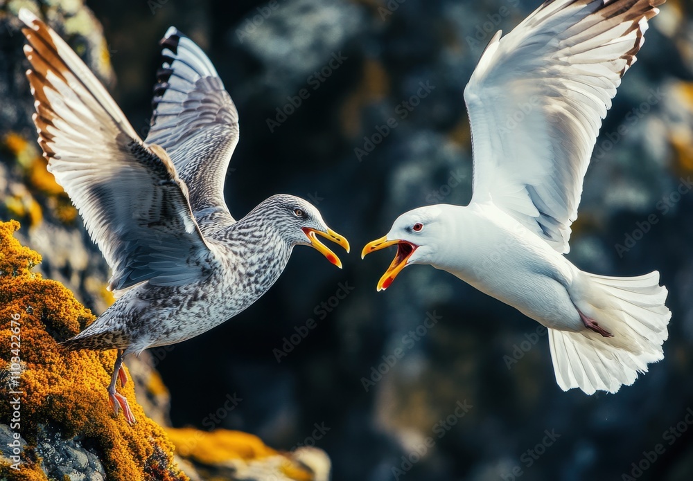 Aufkleber two seagulls in a fiery display of squawking and interaction among rocks and moss at a coastal locat