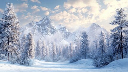Snow-Covered Forest and Mountain Range in a Winter Wonderland