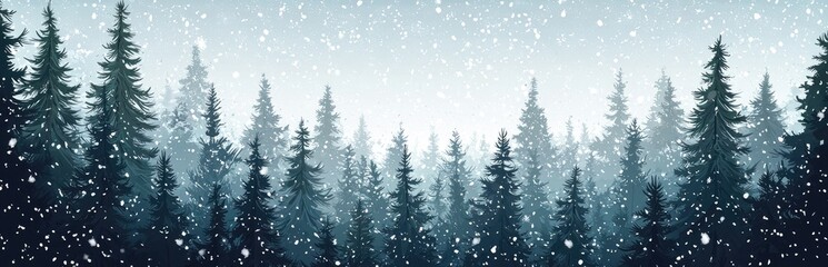 Obraz premium Silhouetted pine trees in a snowy winter forest.