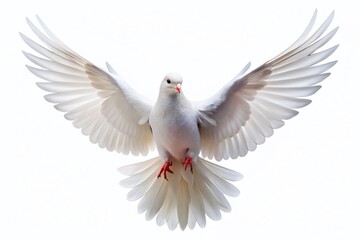 Fototapeta premium Captivating Collage of a Free-Flying White Dove Isolated on a White Background, Perfect for Symbolizing Peace, Freedom, and Hope in Various Creative Projects