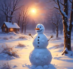 Fototapeta premium Illustration of winter landscape with funny snowoman.