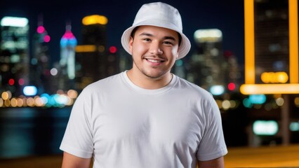 Fototapeta premium Plus size young man wearing white t-shirt and white bucket hat standing on cityscape at night background
