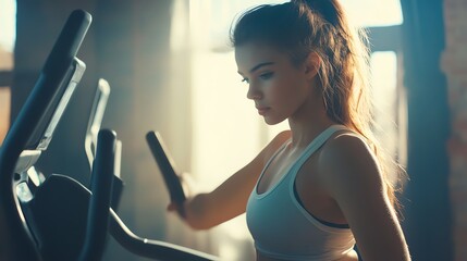 A woman is working out on an elliptical machine.