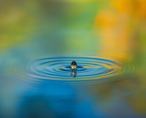 A single water droplet in sharp focus captured mid-air as it touches the surface of calm water creating gentle ripples