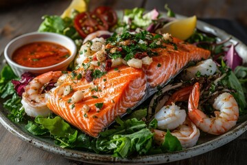 Seafood Delight: Fresh Seafood Platter with Salmon, Shrimp, Crab and Greens