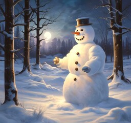 Fototapeta premium Illustration of winter landscape with funny snowoman.