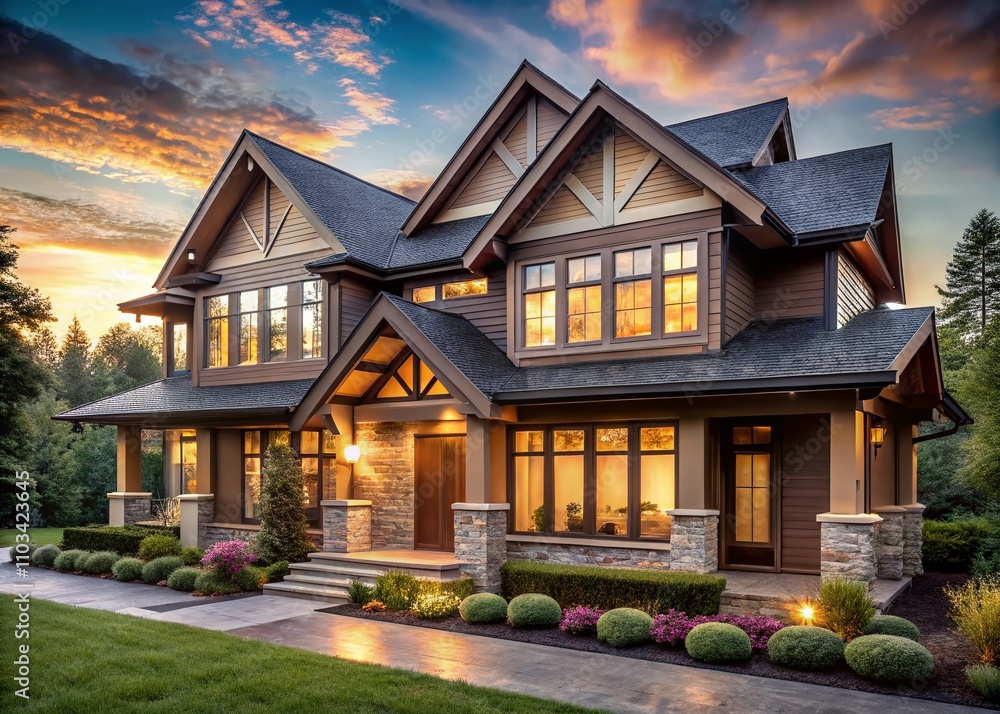 Poster captivating craftsman home blending modern luxury with angular rooflines and expansive windows, show