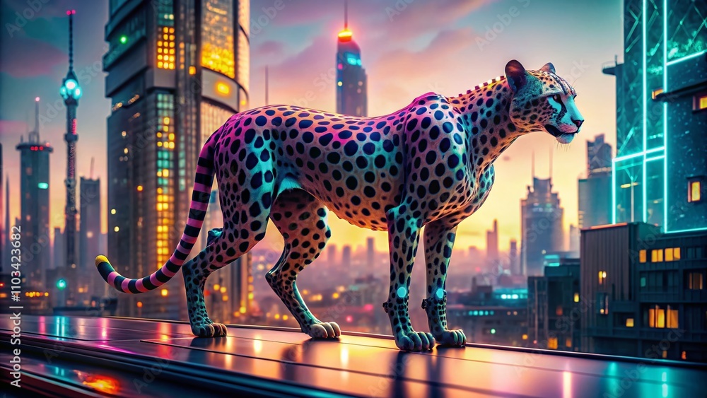 Poster Captivating Cybernetic Cheetah in a Futuristic Landscape: A Vision of Nature and Technology Merging Seamlessly in an Urban Jungle Setting with Neon Lights and Advanced Robotics