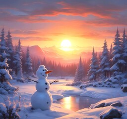Fototapeta premium Illustration of winter landscape with funny snowoman.