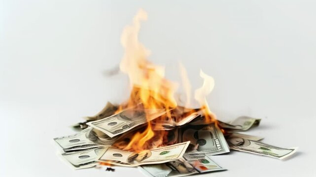 Pile of dollar bills is burning with bright orange flames against a white background, representing concepts like financial loss, inflation, or economic crisis