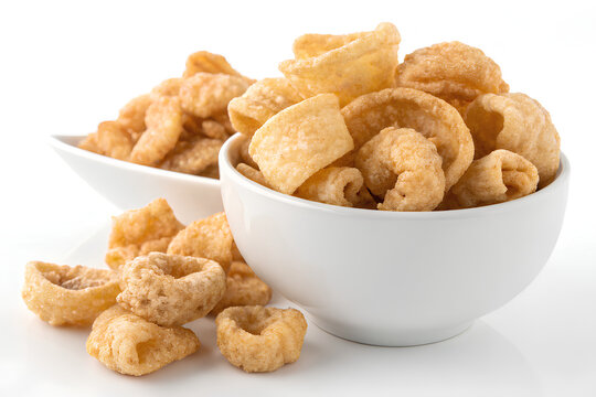 Golden brown pork rinds in white bowl overflowing with crispy, on isolated white background