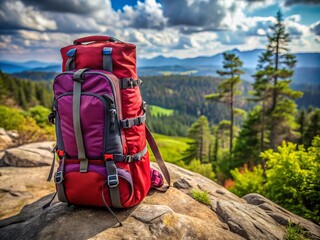 Ergonomically Designed Red and Purple Hiking Backpack with Multiple Compartments for Outdoor Adventures, Perfect for Comfort and Functionality in Nature Explorations
