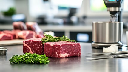 Freshly Cut Raw Beef Steaks on Butchers Countertop Food Industry Hygiene and Precision Weighing
