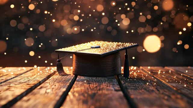 Graduation cap on wooden table celebrating academic achievement under festive bokeh lights, education concept boken background copy space