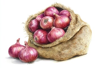 Watercolor Illustration of Fresh Red Onions in Sack on White Background
