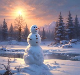 Fototapeta premium Illustration of winter landscape with funny snowoman.