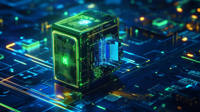 high technology future of computer with circuit in neon light