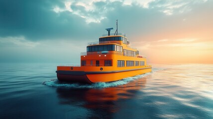 Fototapeta premium A vibrant orange ferry glides across calm waters under a colorful sunset, creating a serene and picturesque maritime scene.
