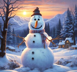 Obraz premium Illustration of winter landscape with funny snowoman.