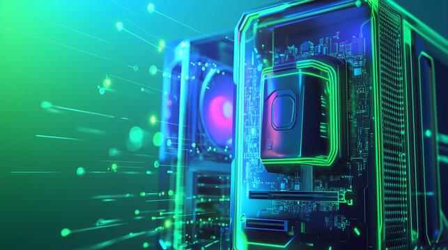 high technology futer of computer with circuit in neon light