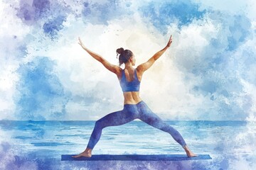 Obraz premium Woman Practicing Yoga. Healthy Lifestyle Concept with Watercolor Illustration