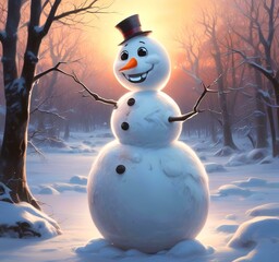 Fototapeta premium Illustration of winter landscape with funny snowoman.