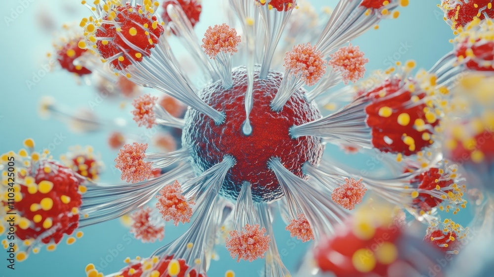Poster vibrant close-up of microbial structure with colorful spikes and fibers representing pathogens and b