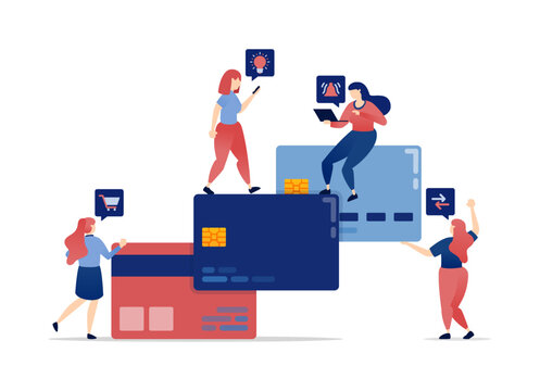vector illustration of Women in loans and credit cards for shopping and financial needs, managing purchases and transactions with smart financial decisions