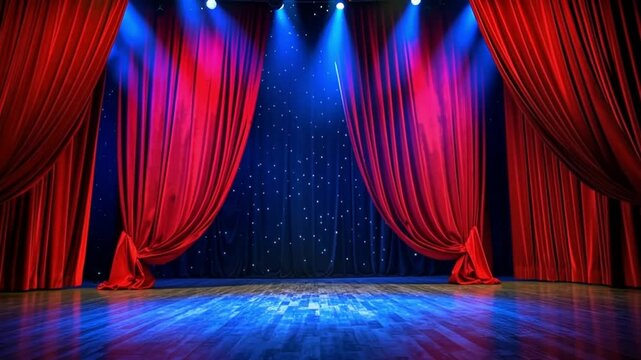 grand theatre red curtains slowly opening stage pr