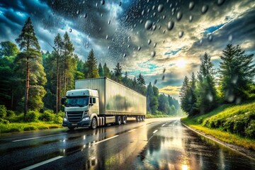 Naklejka premium Captivating Double Exposure of a Freight Truck on a Rainy Road, Merging Nature's Elements with Urban Transport in a Unique Artistic Style
