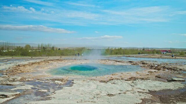 Fountain-type active geyser that erupts every 6&ndash;10 minutes. Tourist attraction&middot;of geothermal geyser Strokkur Geyser in Iceland.