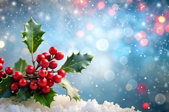 Festive Christmas Scene with Holly Berries and Frosty Snow in a Serene Winter Landscape for Holiday Celebrations with Ample Copy Space for Text Overlay
