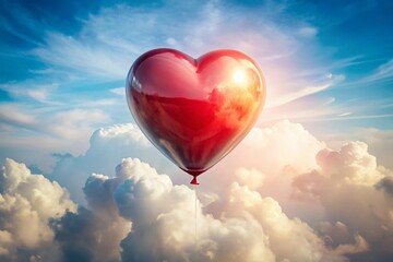 Fototapeta premium Captivating Double Exposure of a Red Heart Shaped Balloon Against a Soft White Background, Perfect for Romantic Themes and Celebrations