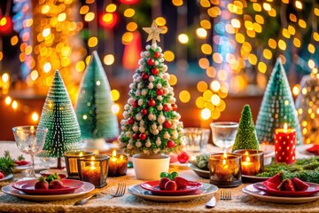 Festive Christmas Table Setting with Miniature Trees and Colorful Decorations Against a Bright Background for Holiday Cheer and Celebration