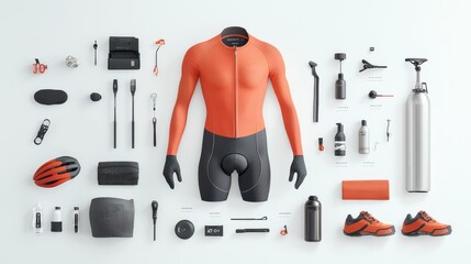 Cyclist gear showcase outdoor environment product flat lay cycling apparel low-resolution visuals gear essentials for enthusiasts