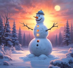 Obraz premium Illustration of winter landscape with funny snowoman.