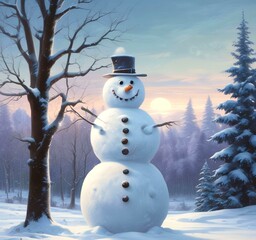 Illustration of winter landscape with funny snowoman.